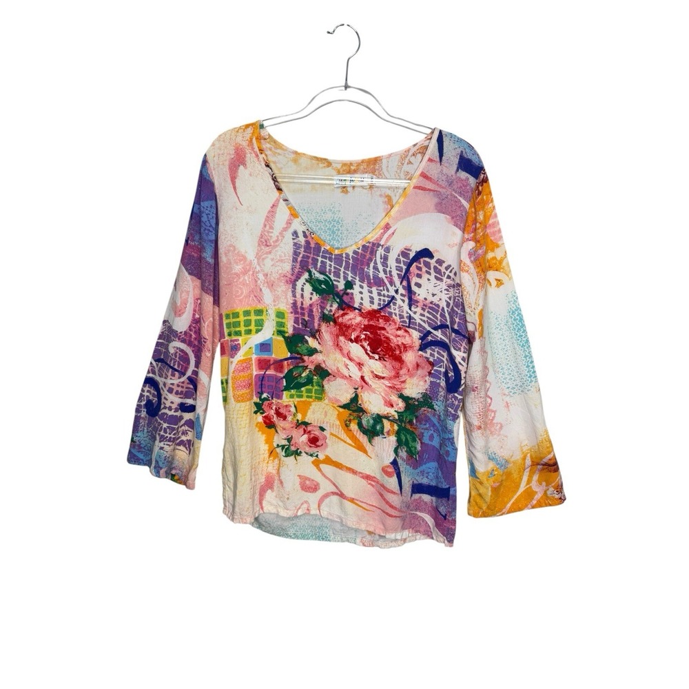 Jams World Tunic Top Women's M Abstract Floral Print Bell Sleeves Resort Cruise